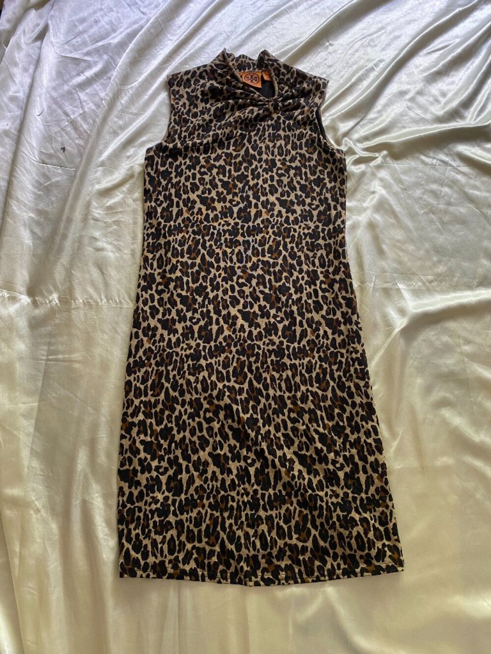Tory Burch 100% Wool Leopard Ruched Neck Bodycon Midi Dress Small